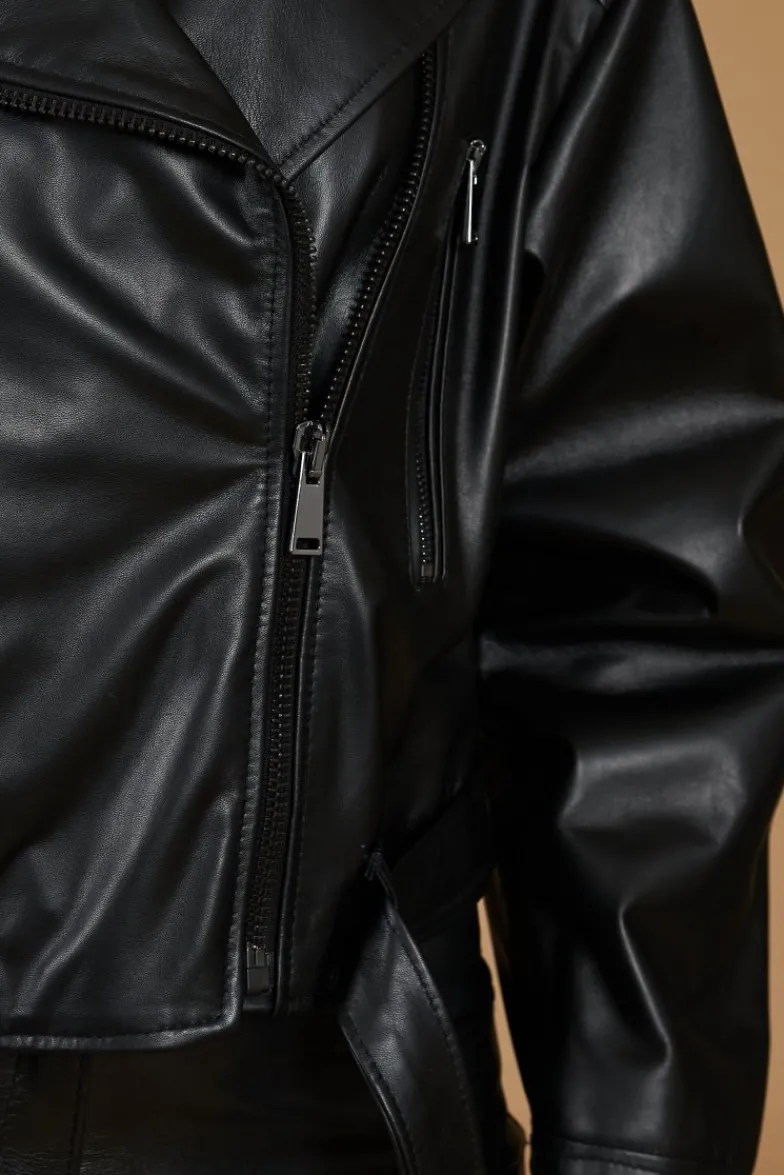 Donna D'Arienzo Xenia - Chiodo oversize corto in pelle nera con cintura