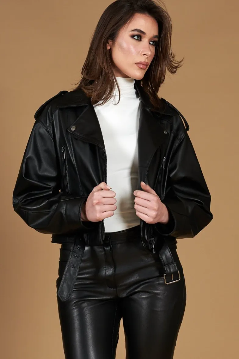 Donna D'Arienzo Xenia - Chiodo oversize corto in pelle nera con cintura