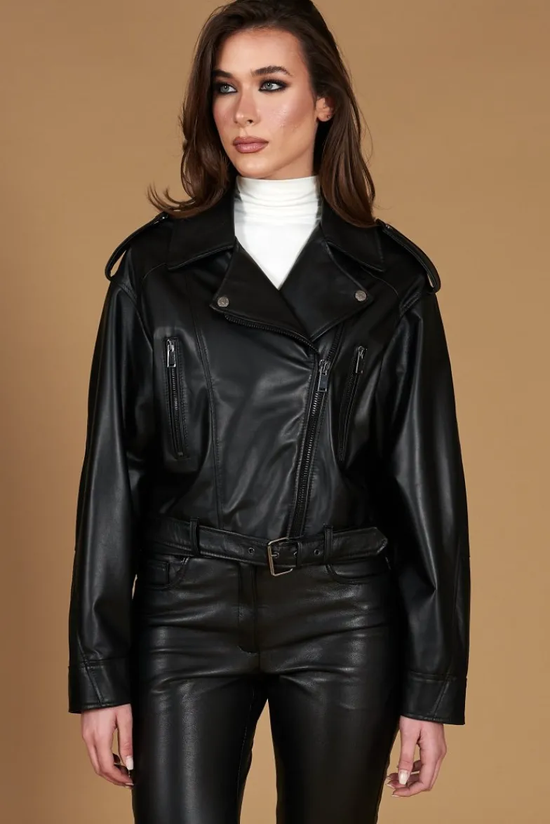 Donna D'Arienzo Xenia - Chiodo oversize corto in pelle nera con cintura