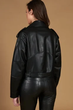Donna D'Arienzo Xenia - Chiodo oversize corto in pelle nera con cintura
