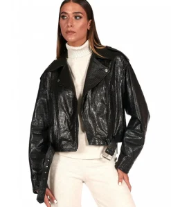 Donna D'Arienzo Xenia - Chiodo oversize in pelle nera goffrata versione corta