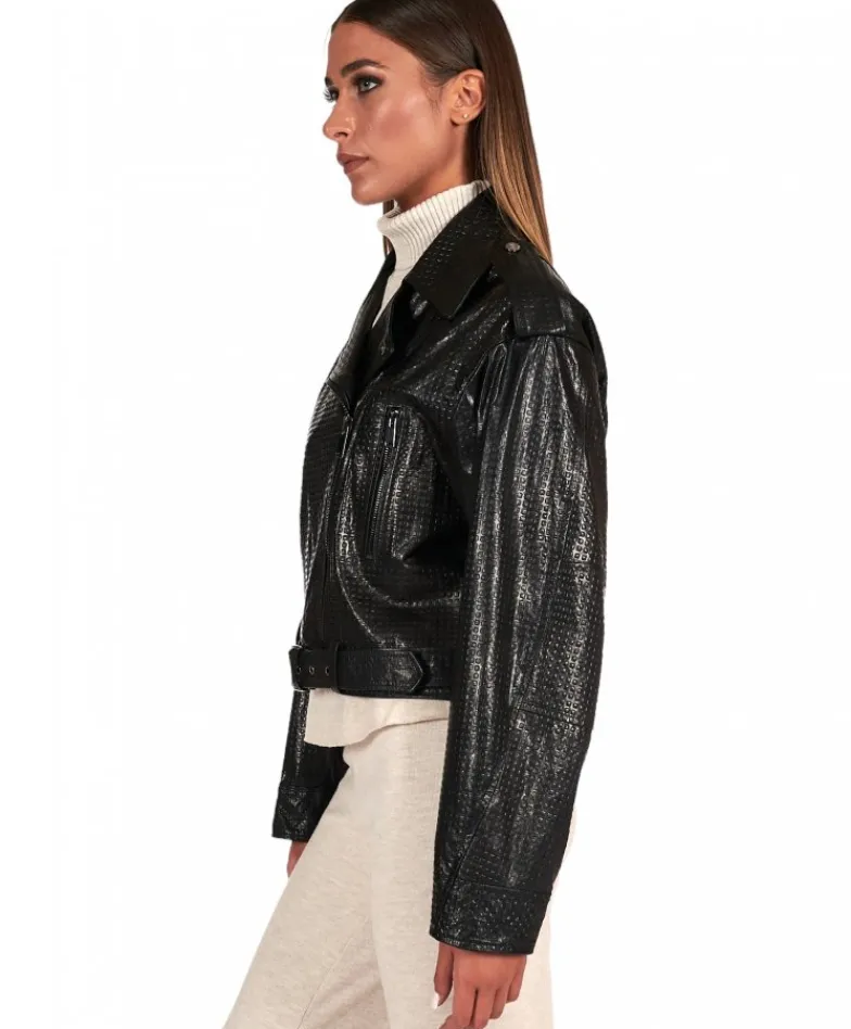 Donna D'Arienzo Xenia - Chiodo oversize in pelle nera goffrata versione corta