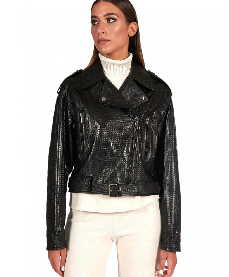 Donna D'Arienzo Xenia - Chiodo oversize in pelle nera goffrata versione corta