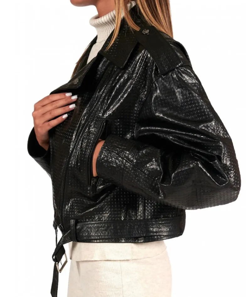Donna D'Arienzo Xenia - Chiodo oversize in pelle nera goffrata versione corta