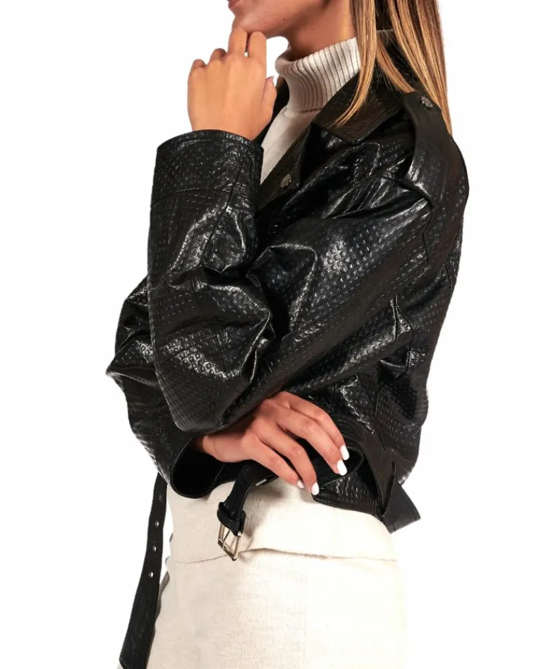 Donna D'Arienzo Xenia - Chiodo oversize in pelle nera goffrata versione corta
