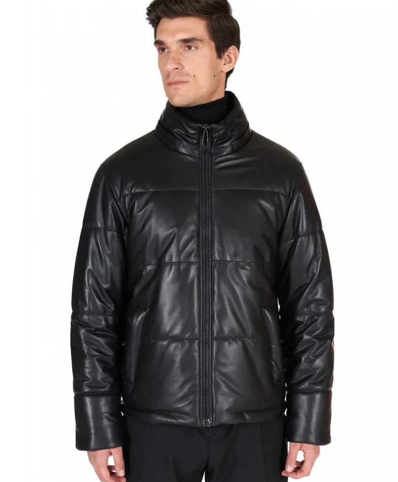 Uomo D'Arienzo Zirconia - Piumino in pelle nera uomo versione corta oversize