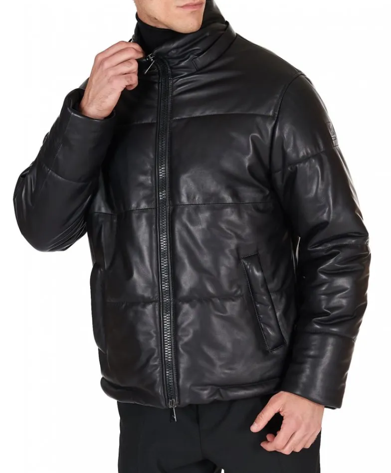 Uomo D'Arienzo Zirconia - Piumino in pelle nera uomo versione corta oversize