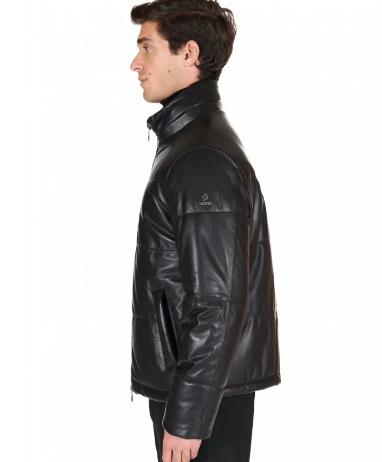 Uomo D'Arienzo Zirconia - Piumino in pelle nera uomo versione corta oversize