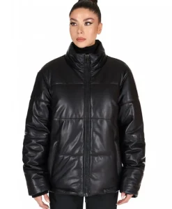 Donna D'Arienzo Zirconia - Piumino in pelle nera donna versione corta oversize