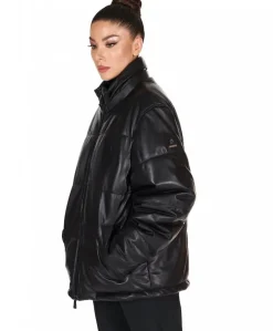 Donna D'Arienzo Zirconia - Piumino in pelle nera donna versione corta oversize