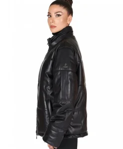 Donna D'Arienzo Zirconia - Piumino in pelle nera donna versione corta oversize
