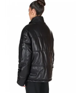 Donna D'Arienzo Zirconia - Piumino in pelle nera donna versione corta oversize